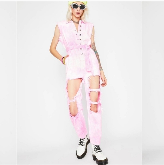 N°1 Los Angeles Pink Acid Wash Distressed Denim Jumpsuit Size S - Picture 3 of 17